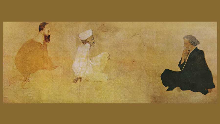 Tagore-Gandhi-and-British-missionary-Charles-Freer-Andrews-discussing-the-non-cooperation-movement-in-Calcutta-on-September-6-1921-a-watercolour-by-Abanindranath-Tagore-National-Library